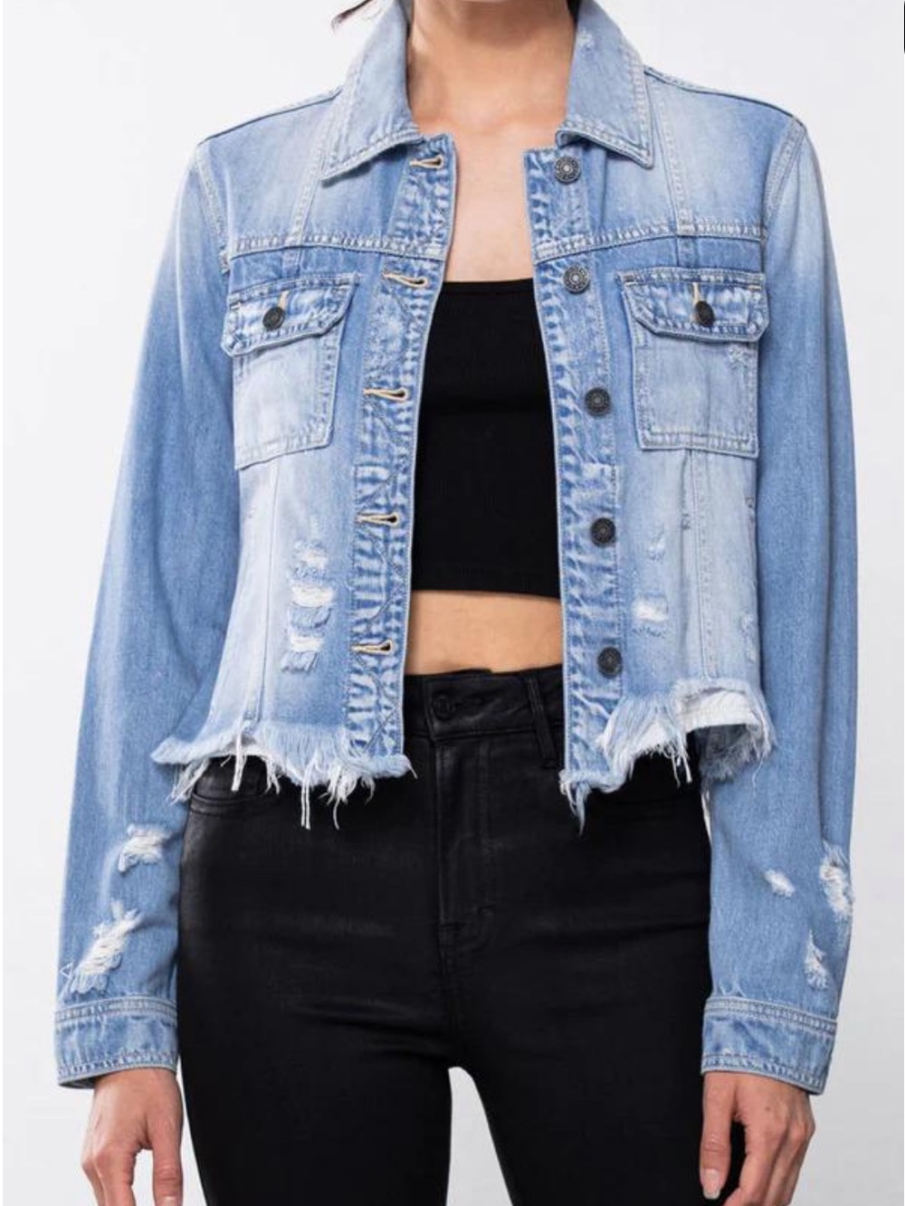Light Blue Distressed Cropped Denim Jacket